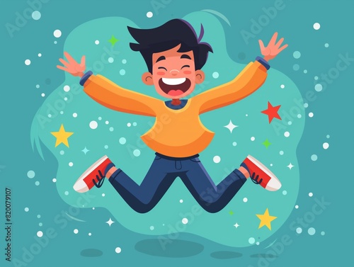 A young boy is jumping in the air with a big smile on his face. Concept of joy and excitement, as the boy appears to be celebrating or having a great time
