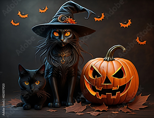 halloween background with pumpkin and bats. Black cat