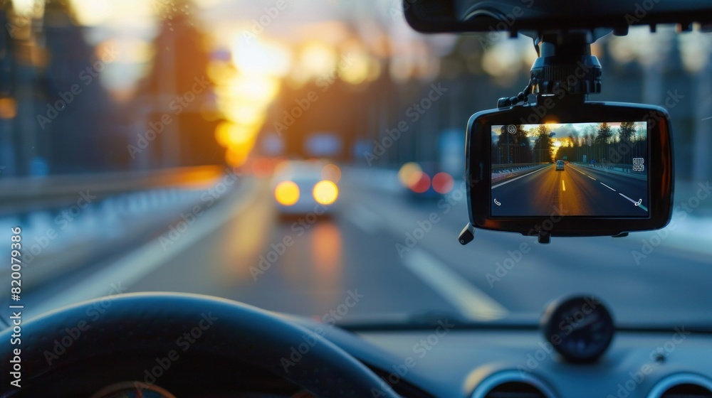 Modern dashboard camera mounted in car, view of road during driving Modern dashboard camera mounted in car, view of road during driving
