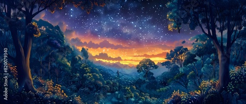 Enchanting Twilight Landscape of Magical Forest at Dusk with Glowing Stars