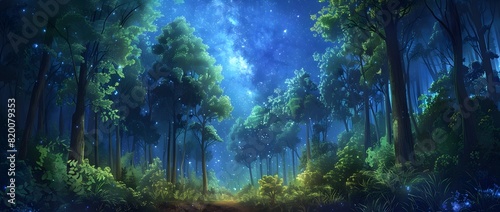 Enchanted Mystical Forest Landscape with Glowing Night Sky and Sparkling Stars