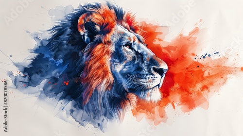 lion  in the style of whimsical watercolors  characterful pen and ink  light orange and navy