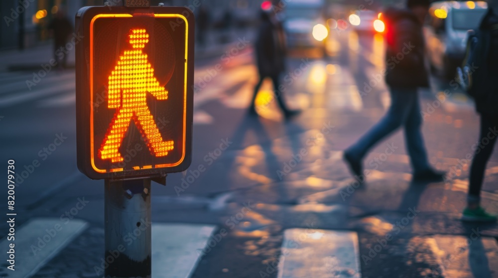 Fototapeta premium A pedestrian crossing signal showing a walking figure, with people crossing the street in the background.