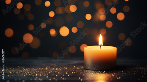 Focussed on candle light burning with candle flame bokeh on dark background