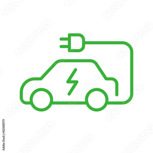Electric car with plug icon, EV car symbol, Green hybrid vehicles charging point logo, Eco friendly vehicle concept, Vector illustration