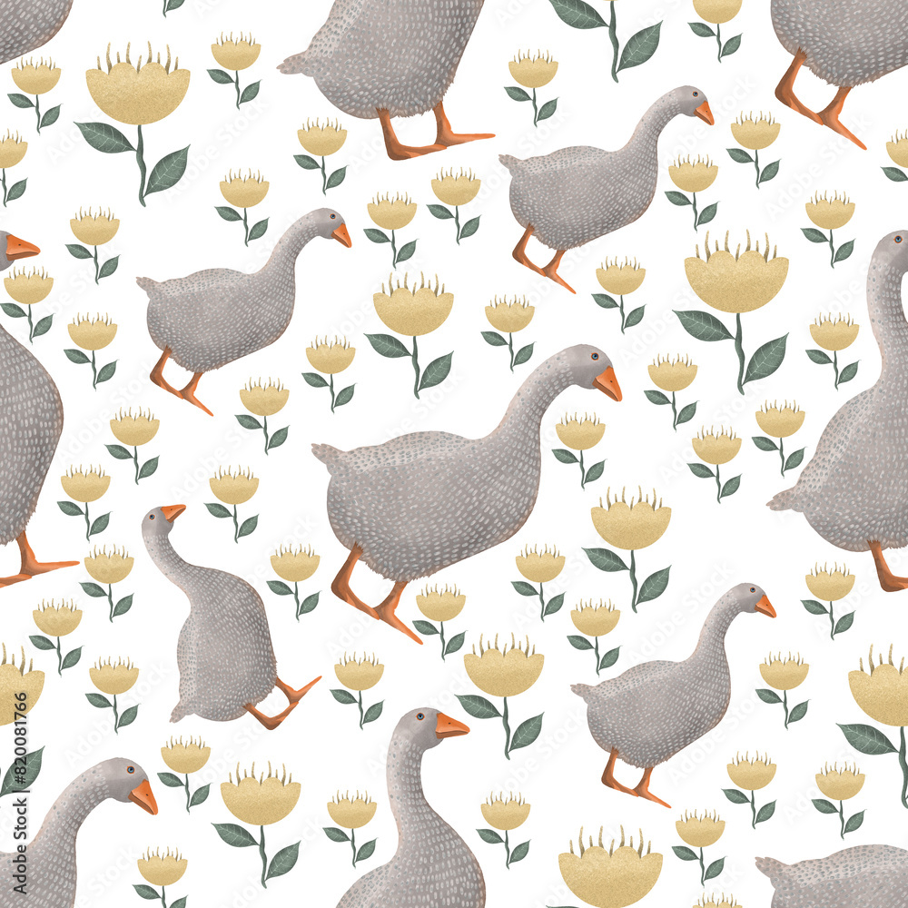 Fototapeta premium Seamless pattern with watercolor goose and yellow tulip on a white background