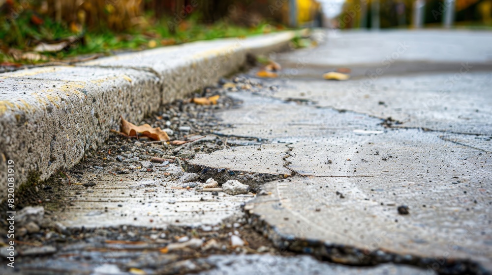 Close-up of a concrete sidewalk section joint, visibly damaged, creating a hazardous uneven surface for pedestrians Close-up of a concrete sidewalk section joint, visibly damaged, creating a hazardous uneven surface for pedestrians
