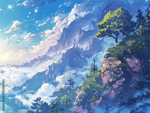 Digital anime style art painting of beautiful landscape scenery of mountains covering with greenery and blue sky