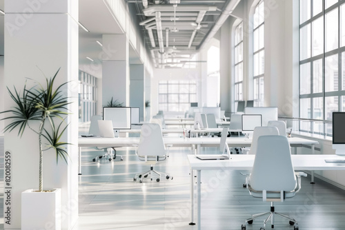 Modern open-plan office space with white desks and chairs, large windows allowing natural light, and minimalistic decor. The clean and organized environment