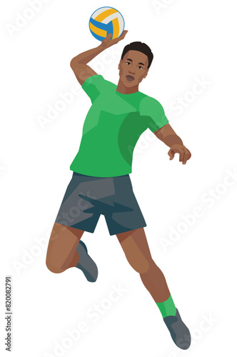 Black volleyball player in a green shirt who jump and throw the ball with one hand