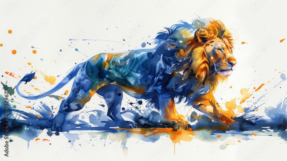 lion painted in blue and green, in the style of whimsical watercolors, dark yellow and dark purple, characterful pen and ink, light orange and navy