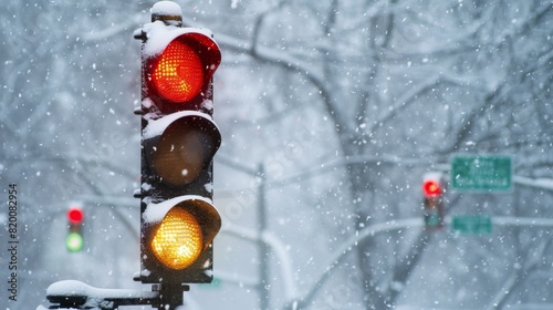 A traffic light on a snowy day, with the lights clearly visible despite the snowfall covering the surroundings.