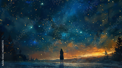 A woman stood looking at the night sky with beautiful twinkling stars. The night was calm and still, the stars twinkling like diamonds against the dark backdrop, creating a serene photo