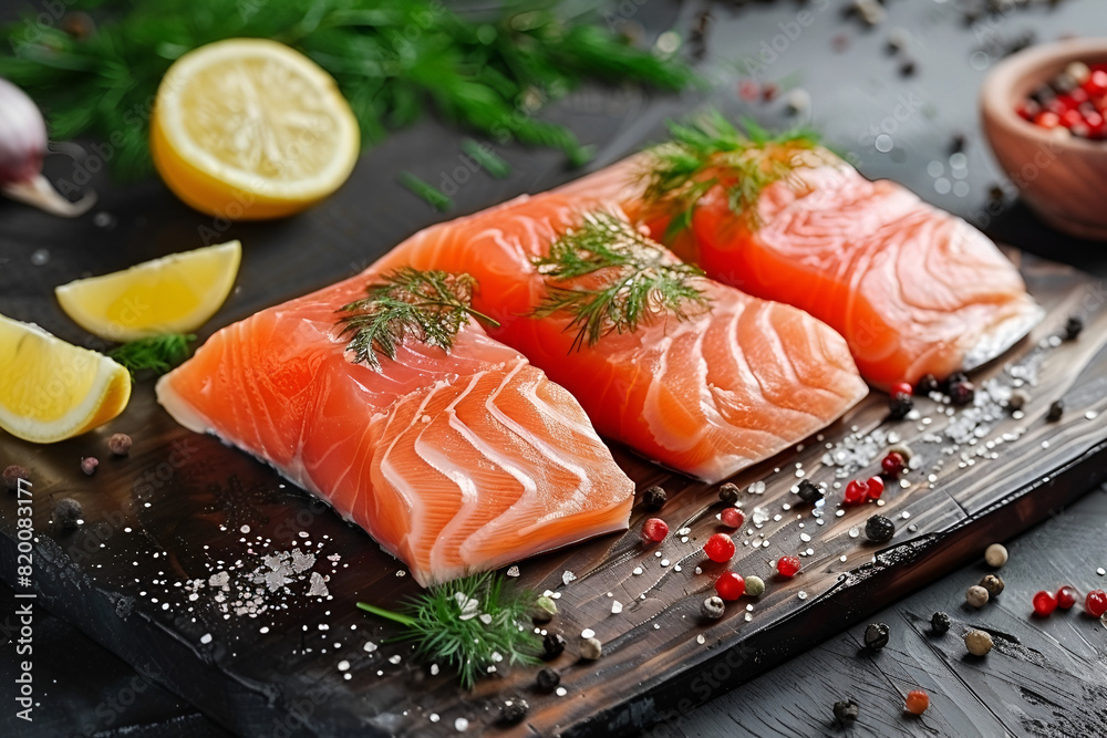 Cut salmon steaks with spices lie on a wooden board. Side view, close up. Cut salmon steaks with spices lie on a wooden board. Side view, close up.