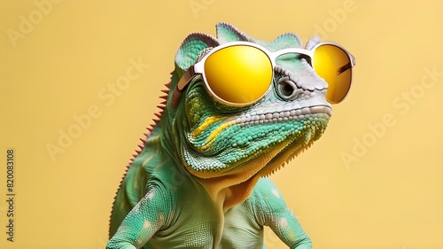 Closeup of chameleon wearing sunglasses isolated on yellow background with copy space. Lizard wearing a sunglasses. Vector of a reptile with spikes looking cool. Cover page for magazine. 