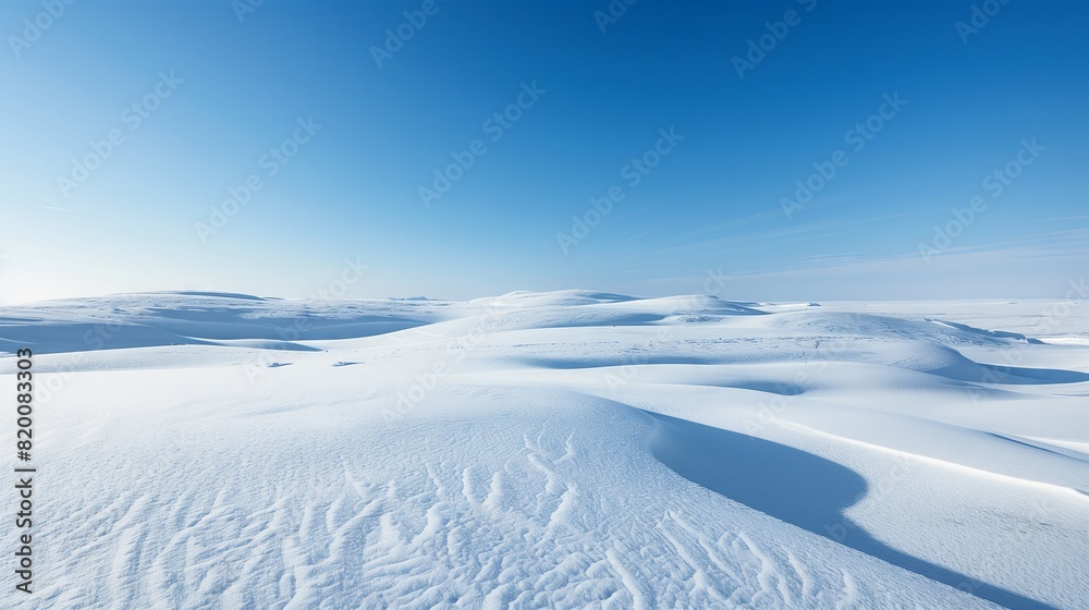Pristine snow covers the tundra to the horizon under a clear blue sky. Pristine snow covers the tundra to the horizon under a clear blue sky.