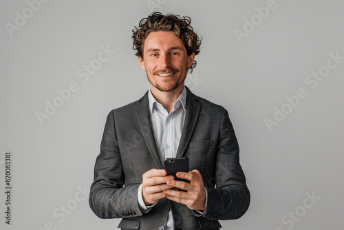 Geschäftsmann steht vor weißem Hintergrund und hält Smartphone in den Händen