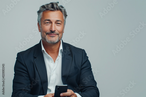 Geschäftsmann mir grauen Haaren sthet vor weißem Hintergrund und hält Smartphone in den Händen