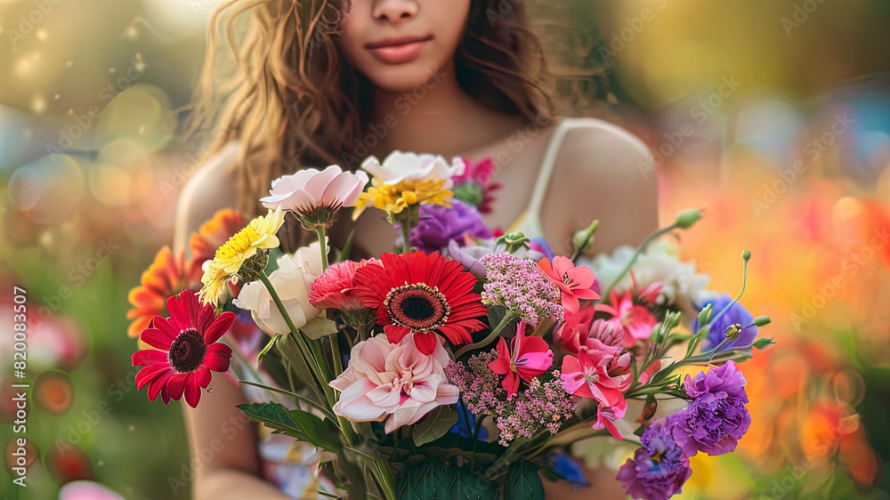 close up of a pretty young woman with colorful flowers, young woman on flower background, pretty young girl