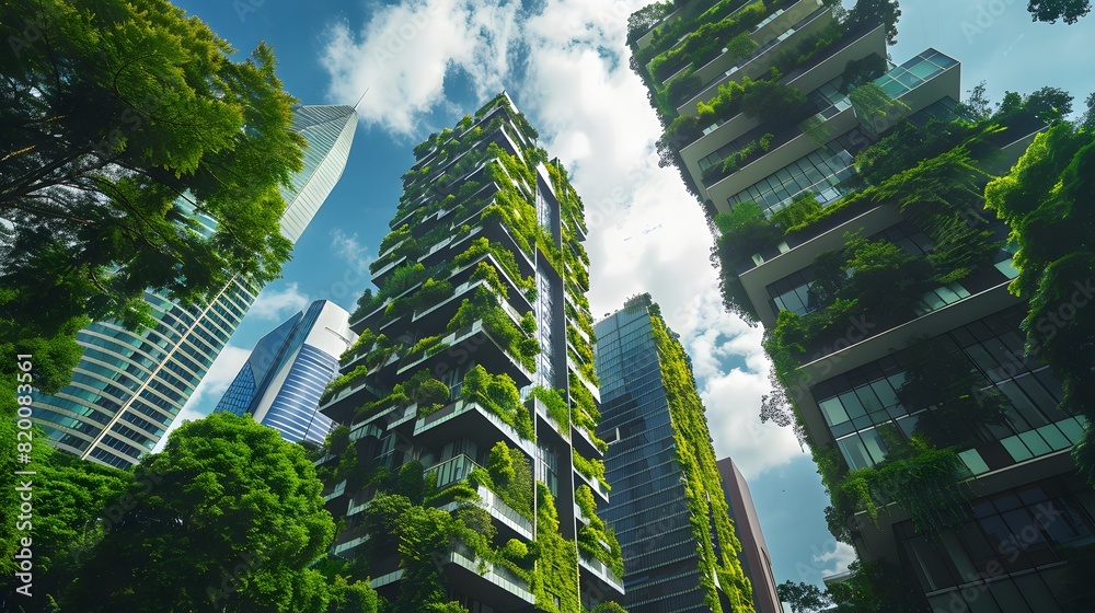 Urban cityscape with green skyscrapers filled with trees and plants, promoting sustainable architecture and eco-friendly living in a modern city. Urban cityscape with green skyscrapers filled with trees and plants, promoting sustainable architecture and eco-friendly living in a modern city.