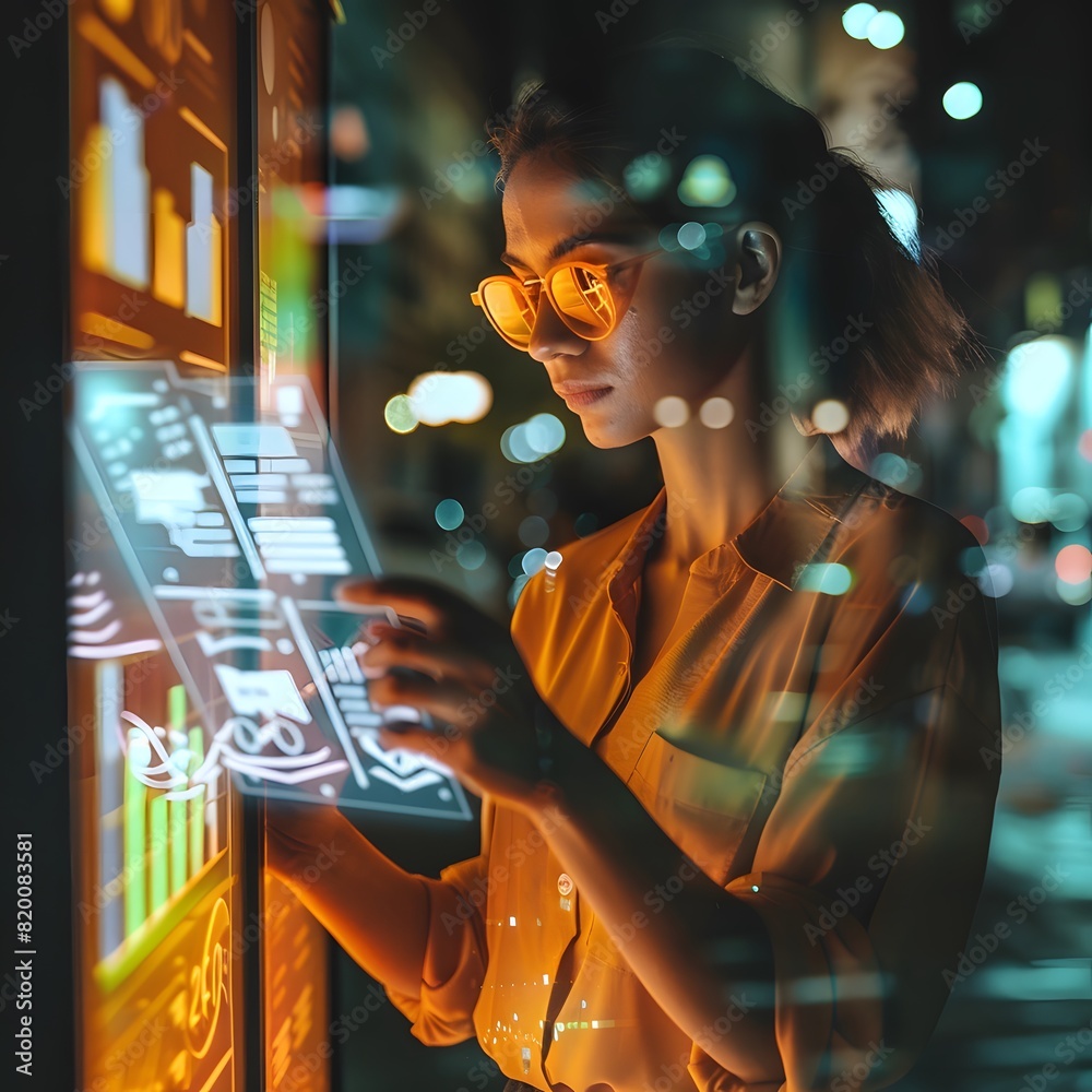 Young woman interacting with futuristic touchscreen in urban night setting, analyzing data on digital interface. Young woman interacting with futuristic touchscreen in urban night setting, analyzing data on digital interface.