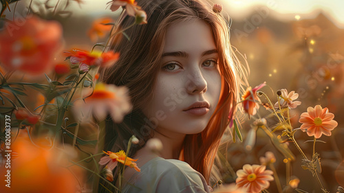 close up of a pretty young woman with colorful flowers, young woman on flower background, pretty young girl