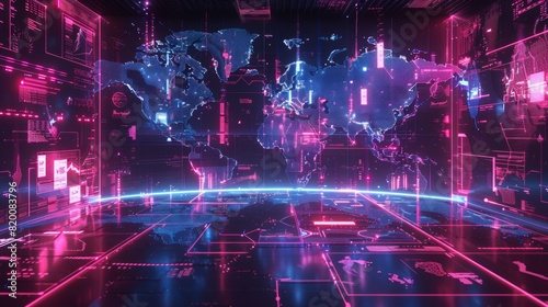 Neon Grid World Map Surrounded by Futuristic Elements  Reflecting Digital Evolution