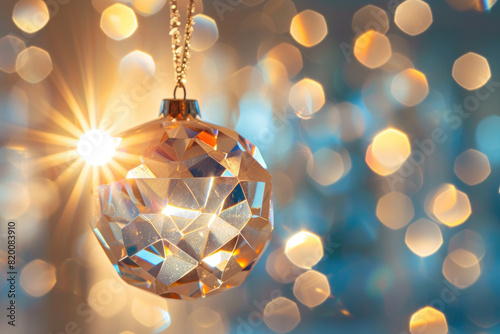 Festive crystal ball ornament catching light with a bokeh background, symbolizing holiday cheer and sparkle. photo