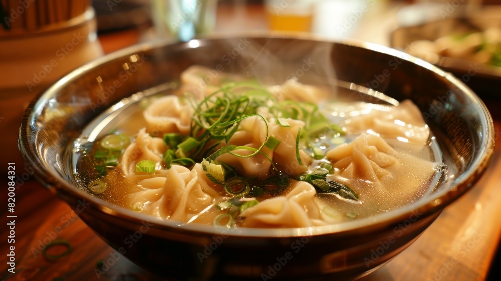 Aromatic bowl of steaming hot wonton soup served with tender dumplings, greens, and garnished with green onions. Aromatic bowl of steaming hot wonton soup served with tender dumplings, greens, and garnished with green onions.