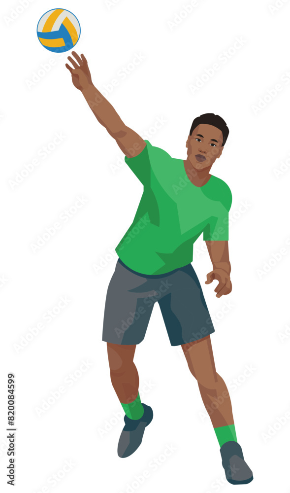 Dark-skinned volleyball players in green sports uniforms throw the ball with one hand Dark-skinned volleyball players in green sports uniforms throw the ball with one hand