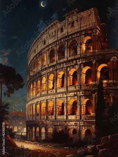 The Colosseum in Rome, Italy, at night, with the moon in the sky.