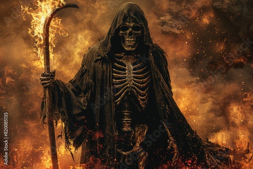 Grim Reaper: the iconic figure of death, shrouded in darkness and wielding a scythe, symbolising the inevitable end of life and the passage into the unknown. photo