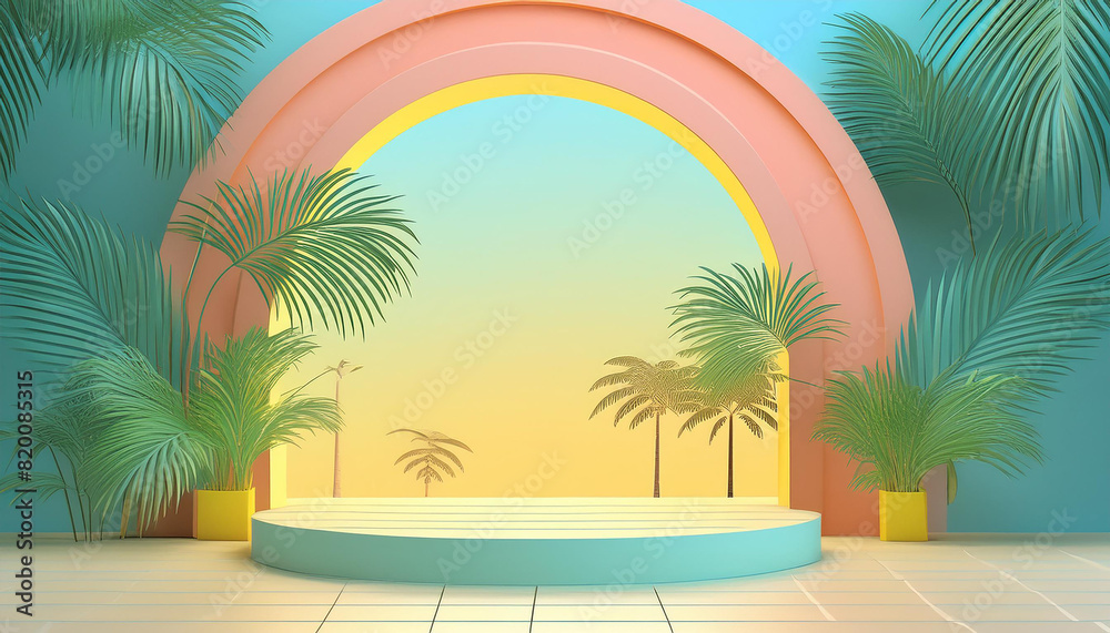 Abstract minimal concept. Pastel bright colour background with podium stage, abstract geometric arch and palm leaf trees setting. Mock up template for product presentation.. copy text space