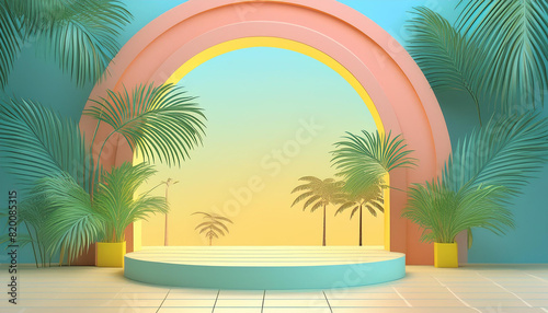 Abstract minimal concept. Pastel bright colour background with podium stage  abstract geometric arch and palm leaf trees setting. Mock up template for product presentation.. copy text space