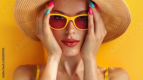 Woman with a colorful nail polish manicure, adjusting her stylish sunglasses on the beach