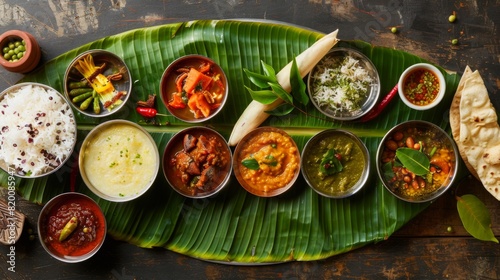 Authentic Indian thali meal served on a banana leaf, featuring regional specialties and accompanied by assorted chutneys. photo