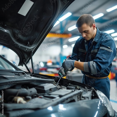 A man in a blue uniform is working on a car engine. He is wearing gloves and he is focused on the task at hand. Concept of diligence and expertise, as the mechanic is carefully inspecting © MaxK