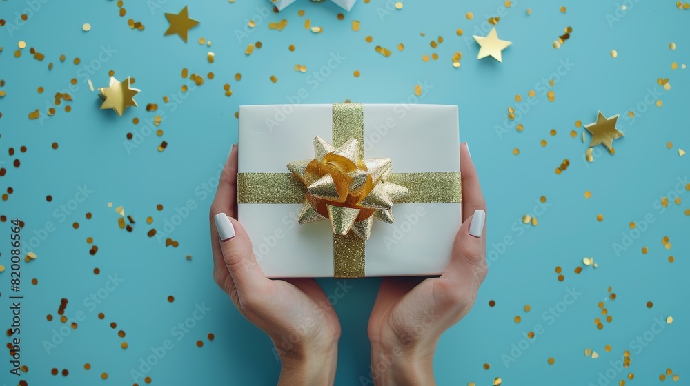 Hands Holding Gift Box with Golden Ribbon on Blue Background with Confetti
Hands Holding Gift Box with Golden Ribbon on Blue Background with Confetti