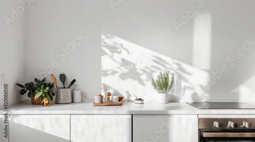 Bright minimalist kitchen featuring white cabinetry  clean lines  and modern appliances  with a small potted plant on the counter.