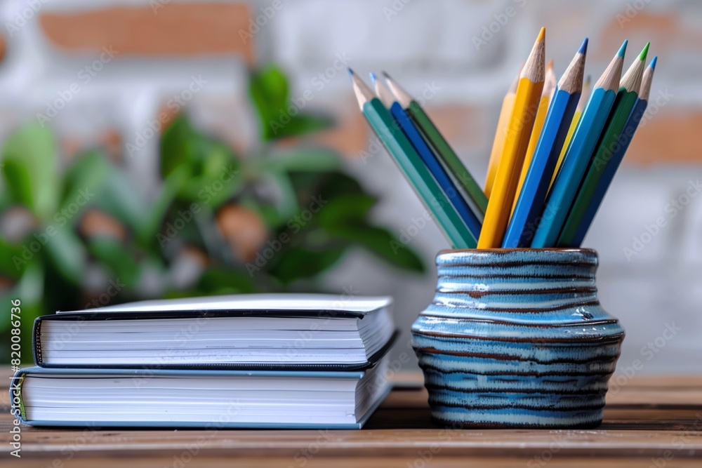 pile of books and pencils on the desk pile of books and pencils on the desk