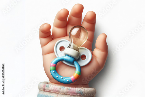 Child hand hold pacifier Isolated on white background