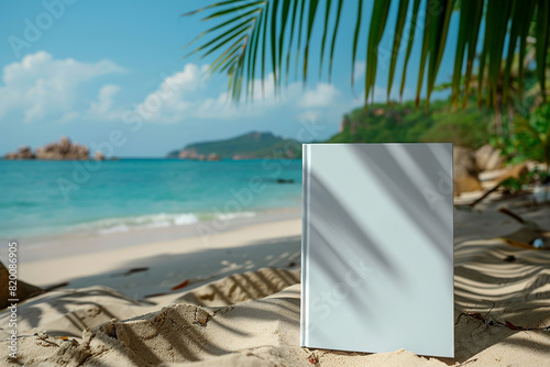 Empty book mockup on sandy beach generated.AI