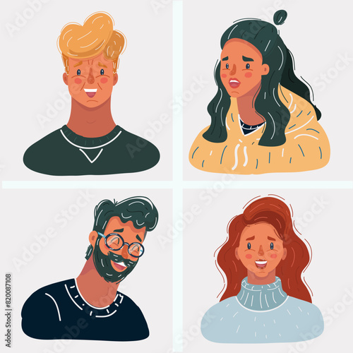 Cartoon vector illustration of people faces icon on white bacgkround. Man and woman face smile. Avatar for commom videocall, videoconference on white background. photo
