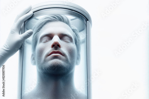 cryosleep concept. A man body is frozen in a capsule Isolated on white background