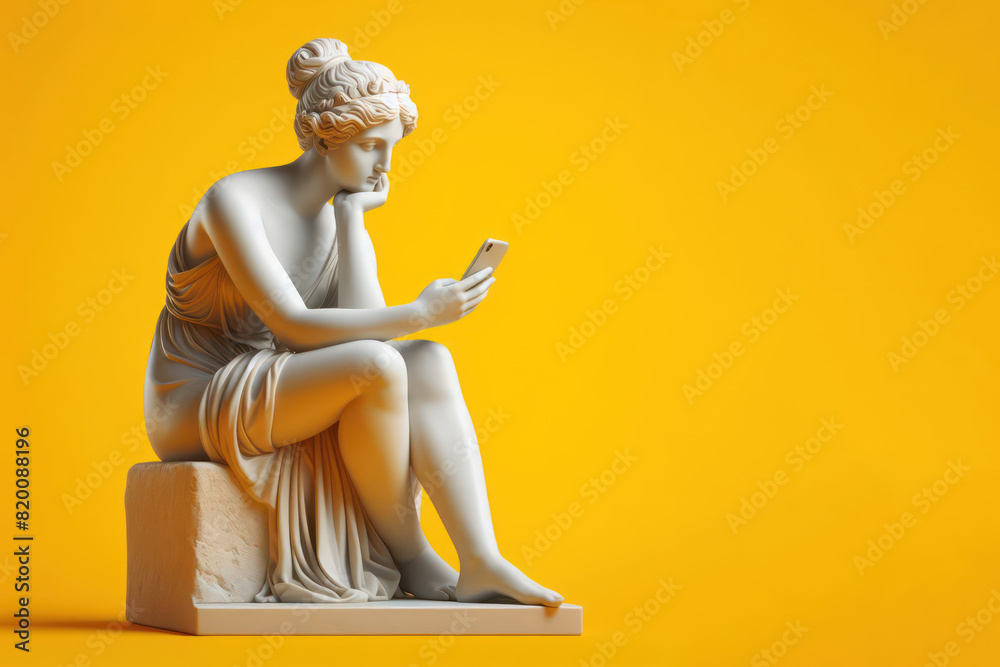 Greek sculpture of a pensive woman sitting with smartphone Isolated on yellow background Greek sculpture of a pensive woman sitting with smartphone Isolated on yellow background