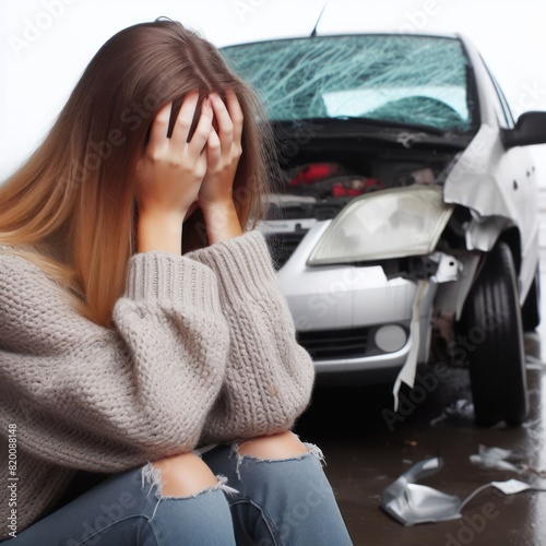 girl holding her head in front of a broken car Isolated on white background