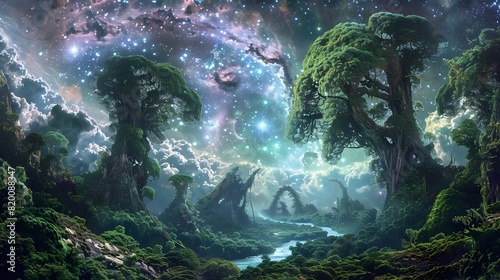 Enchanted Woodland Wonderland A Magical and Serene Landscape of Moss Covered Trees Glowing Streams and Ethereal Waterfalls