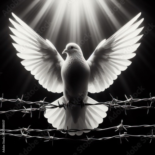 White dove of freedom sit on barbed wire Isolated on black background