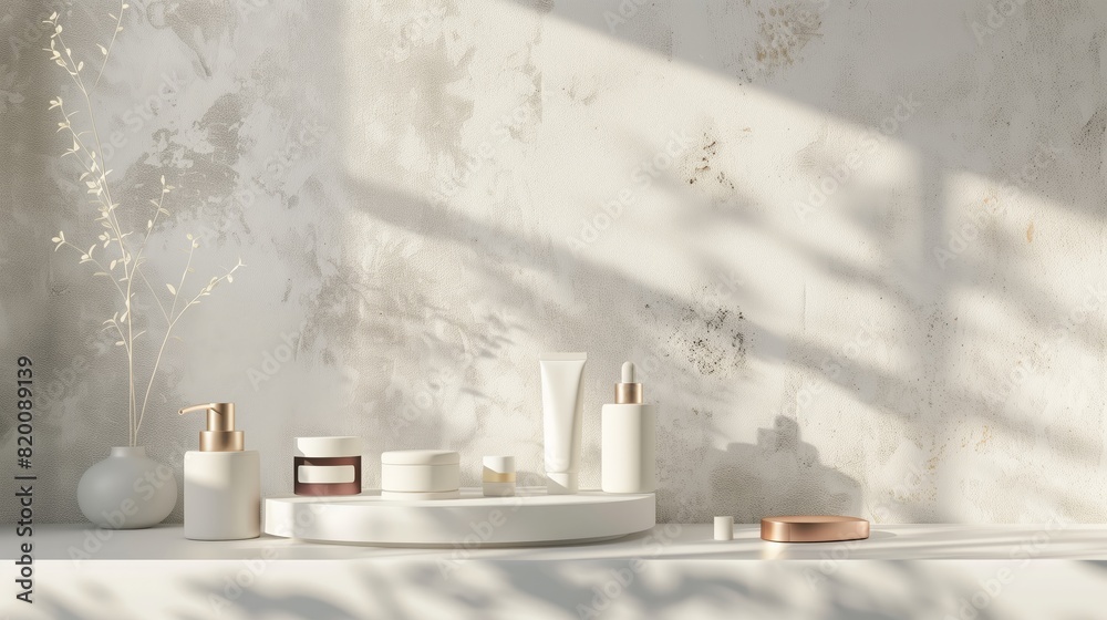 Beauty products on a podium in a clay colored background. Beauty products on a podium in a clay colored background.