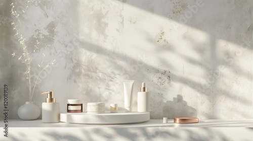 Beauty products on a podium in a clay colored background.